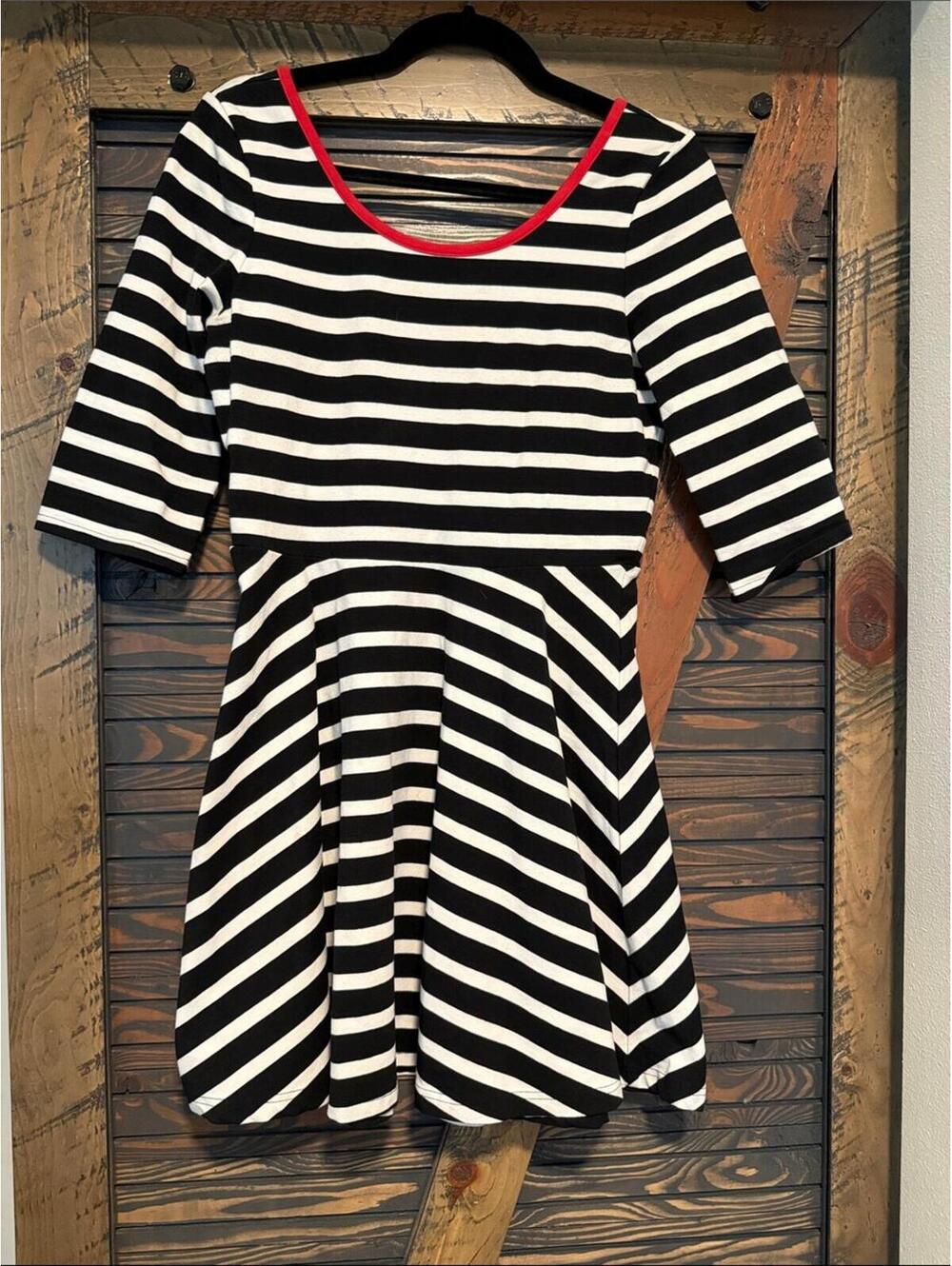 Express Black and White Striped Mini Dress with Red Trim
